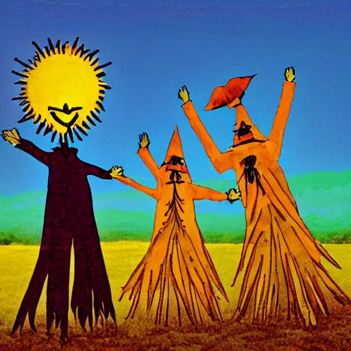 Prompt: scarecrows dancing under a laughing sun. folk horror art style