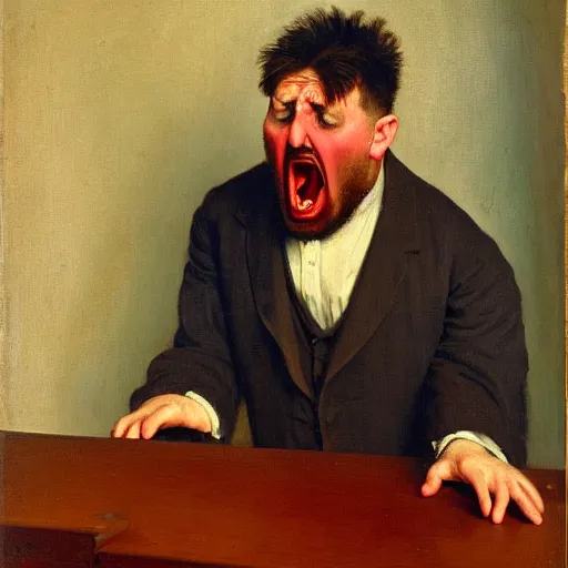 Image similar to an angry man yells at his computer monitor, oil on canvas, 1 9 0 1