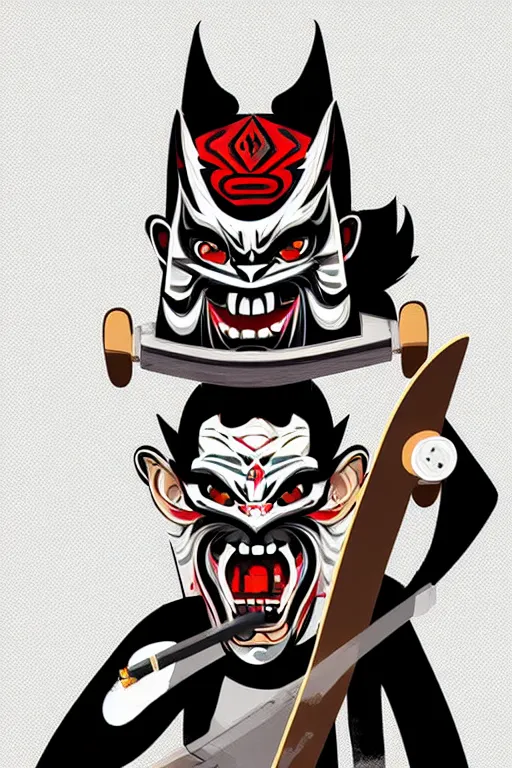 Image similar to guy wearing oni mask and bring skateboard. pop art, without duplicating image!!!, extreme details, digital painting, vector image, concept art, smooth, sharp focus, illustration, intricate details, art by richard hamilton and mimmo rottela, pixels art by kirokaze and paul robertson
