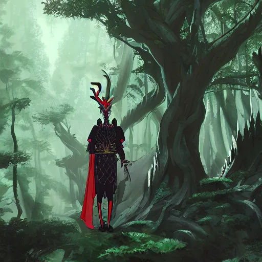 Image similar to concept art painting of an anthropomorphic dragon king with black robes, a long neck, and skull mask, in a deep forest, cel shaded, in the style of makoto shinkai and james gurney and studio ghibli and moebius