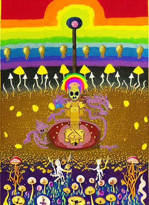 Image similar to pixel decollage painting tarot death card golden armor alien zombie horseman riding on a crystal bone dragon broken rainbow diamond maggot horse in a blossoming meadow full of colorful mushrooms and golden foil toad blobs in a golden sunset, distant forest horizon, by mark rothko, helen frankenthaler, danny fox and hilma af klint, pixelated, expressionism