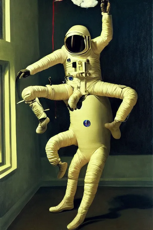 Image similar to fetish game, a man in a latex horse suit sits astride a man in an astronaut suit, hauntingly surreal, highly detailed painting by francis bacon, edward hopper, adrian ghenie, gerhard richter, and james jean soft light 4 k,