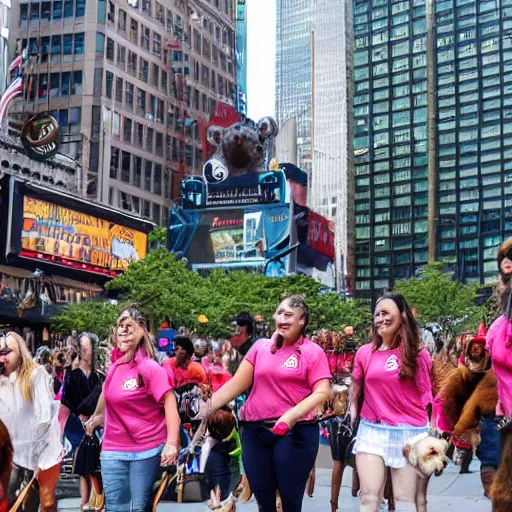 Prompt: a giant puppy parade through New York City Time's Square