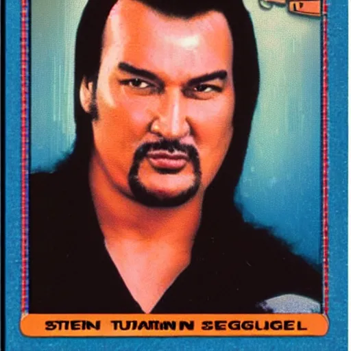 Prompt: Steven Seagal trading card poytail