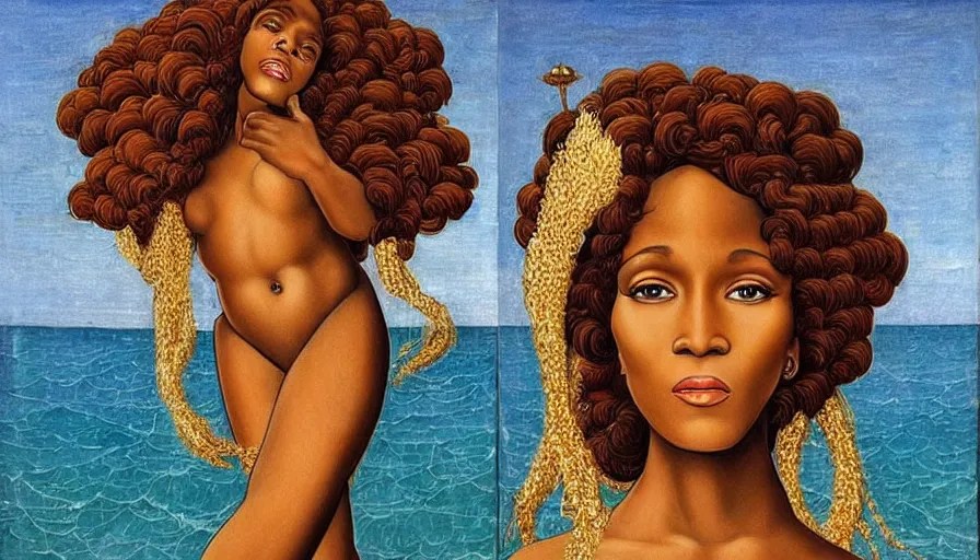 Image similar to full body painting Whitney Houston as Botticelli Black African goddess rising from the sea, in the style of Botticelli Venus