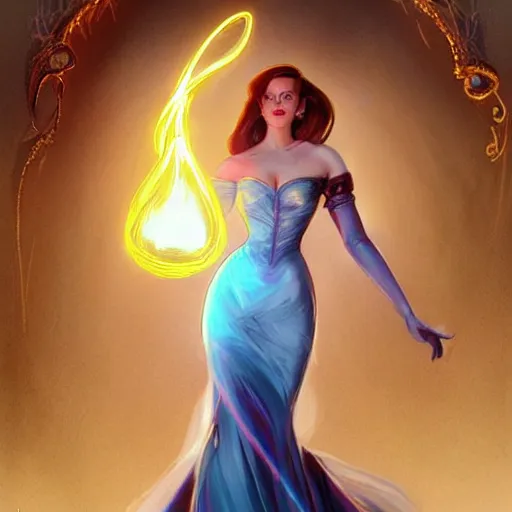 Prompt: emma watson dressed as jessica rabbit holding a glowing one hand and a wand in the other, fantasy, intricate, elegant, highly detailed, digital painting, artstation, concept art, matte, sharp focus, illustration, in the style of magic the gathering, art by artgerm and greg rutkowski and alphonse mucha