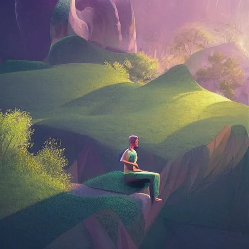 Prompt: a person meditating on hillside, concept art by chris labrooy, cgsociety, retrofuturism, sci - fi, concept art, futuristic