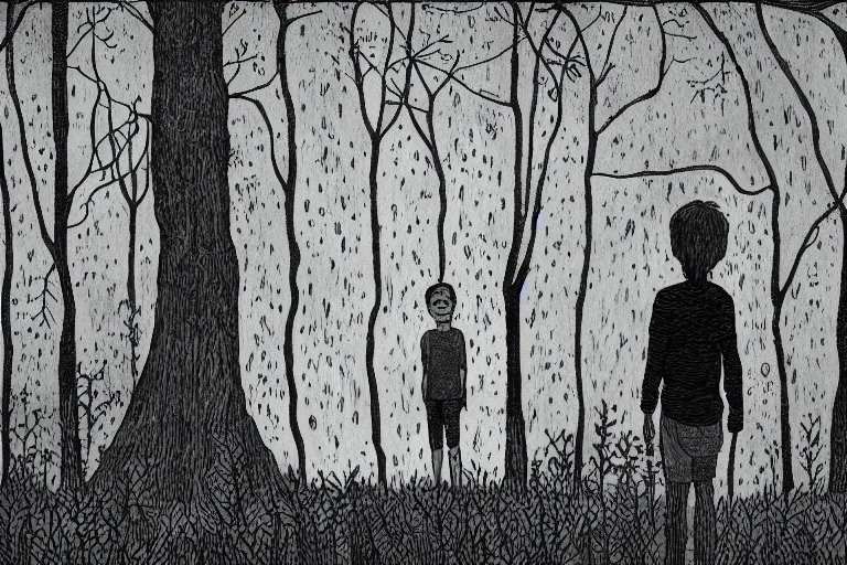 Prompt: a kid talking with a spirit like a ghost in the middle of a rain forest at night, realistic, obscure, dramatic scene, style of Angela Deane