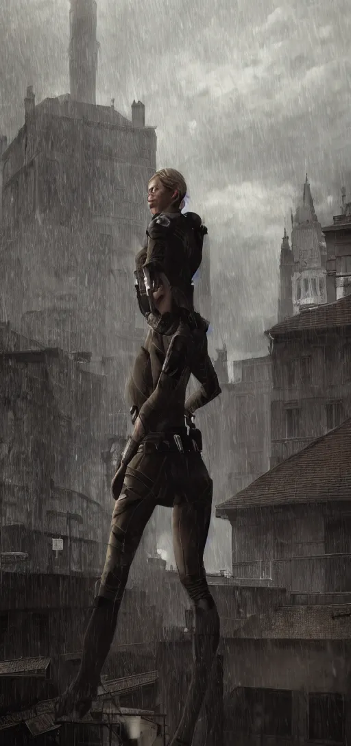 Prompt: annie leonhart in dunwall city wearing recon corps uniform running on a gothic house roof, redshift render, beautiful face, detailed face, cinematic lighting, rainy weather, melancholy atmosphere, dunwall city, volumetric light, octane render, dishonored game, dishonored 1, gothic architecture, realistic reflections, octane render 8 k