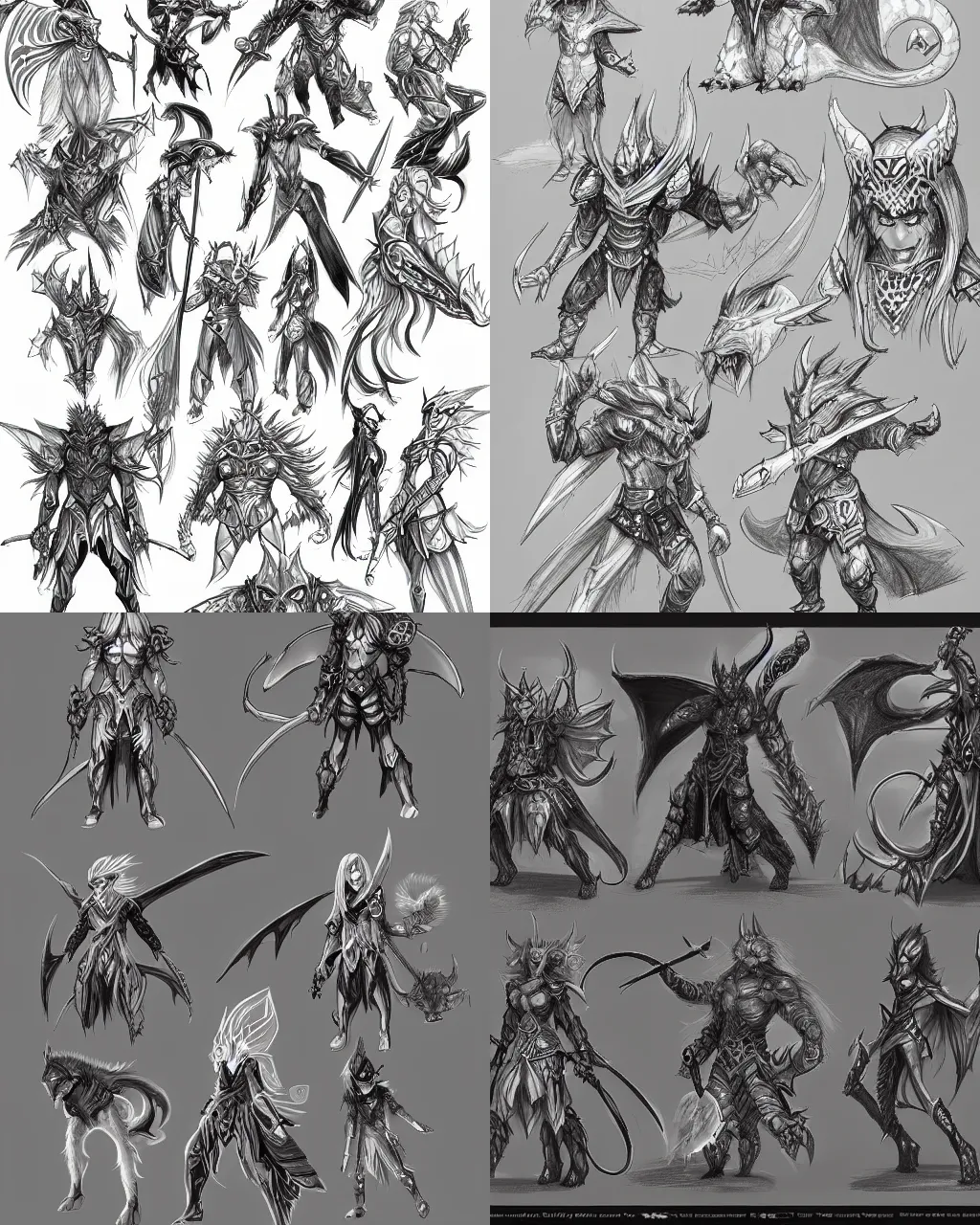 Prompt: sketch drawing of fantasy destiny creatures and characters of the forgotten realms costume vibrant design, dynamic lighting, dragons, elves, dwarves, mages and new race of creatures, artstation, hyper detailed sketch drawing, concept art, fantasy art