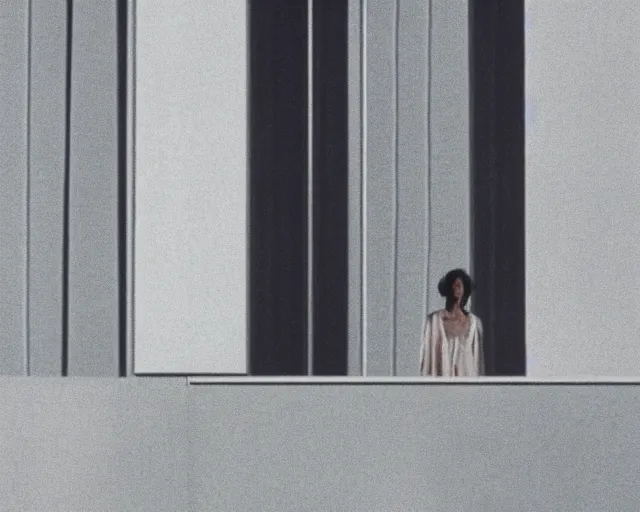 Prompt: a still of a woman standing behind a huge square white balcony, outside view, clear sky, minimalist composition, color music video Wrapped Around your Finger (1983)