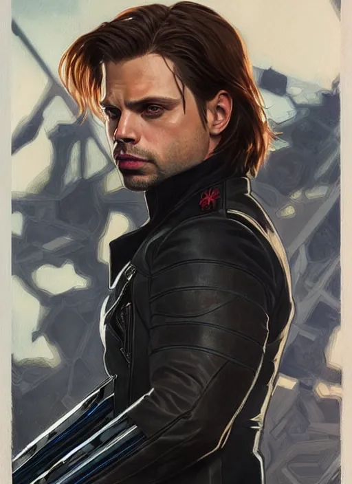 Image similar to sebastian stan as the winter soldier, painting by artgerm and greg rutkowski and alphonse mucha