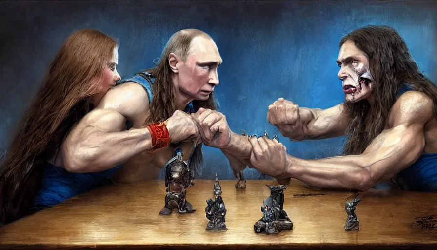 Prompt: arm wrestling between ( vladimir putin ) and ( ( ( a young pretty girl with long hair and blue eyes ) ) ), hyperrealistic, digital concept art, caricature illustration, violent. horror. art by gaston bussiere and greg rutkowski in yelow and blue color