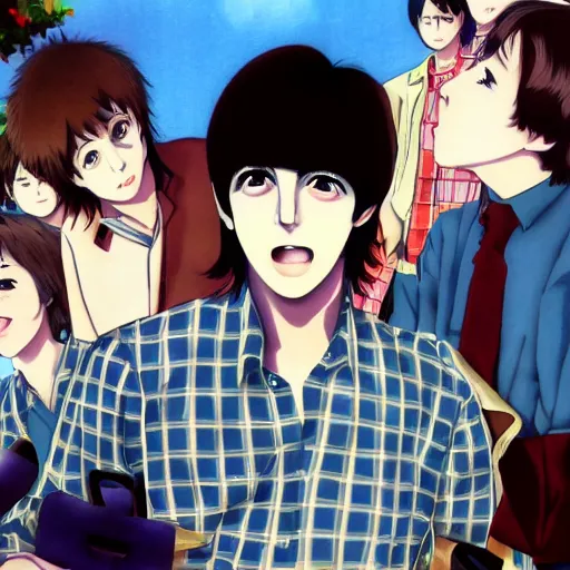 Image similar to anime illustration of young Paul McCartney from the Beatles, wearing a blue and white check shirt and watch, outdoors in Singapore, ufotable