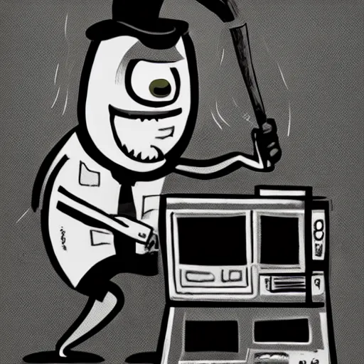 Prompt: a black and white photograph of a man destroying a computer with a baseball bat, in the style of gary baseman, photorealism, pulp, photography, realistic, surreal, contrast, soft lighting, film photography