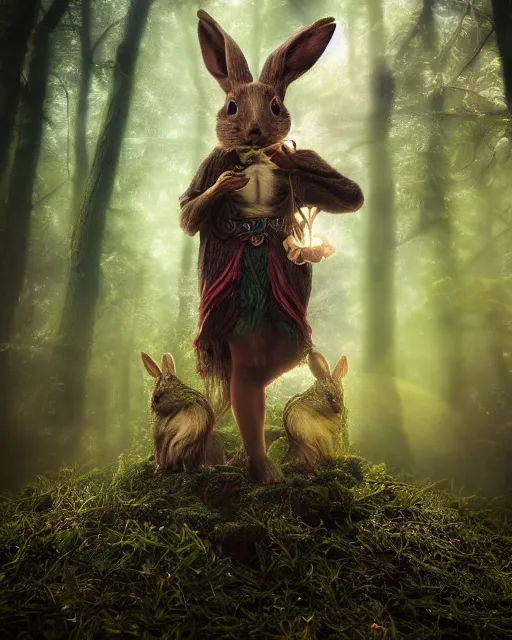 Image similar to photo of a mystic rabbit druid mage. photorealistic, ethereal, magical forest, magic hour, misty, bokeh, highly detailed