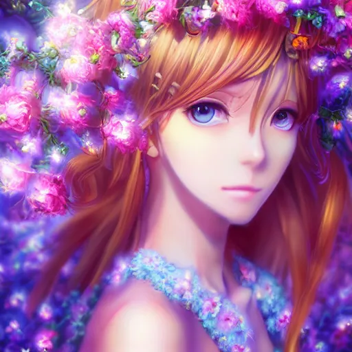 Prompt: Photorealistic beautiful anime princess with flowers. Hyperdetailed photorealism, 108 megapixels, amazing depth, glowing rich colors, powerful imagery, psychedelic Overtones, 3D finalrender, 3d shading, cinematic lighting, artstation concept art