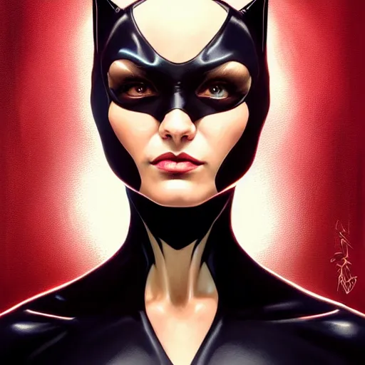 Image similar to symmetry!! intense fanart of catwoman, intricate, elegant, highly detailed, my rendition, digital painting, artstation, concept art, smooth, sharp focus, illustration, art by artgerm and greg rutkowski and alphonse mucha