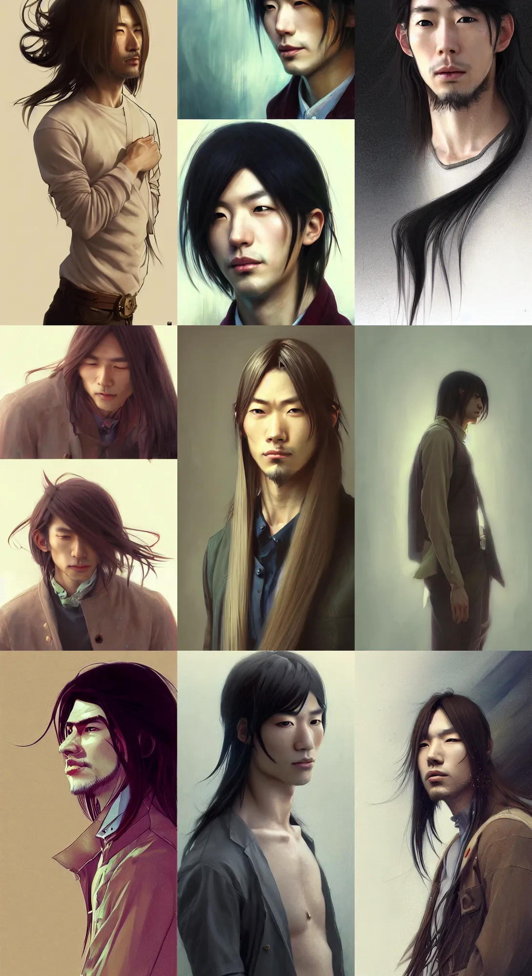 Prompt: Portrait of a trendy adult japanese male model with long straight hair, (no facial hair), a storybook illustration by Mandy Jurgens, cgsociety contest winner, action painting, artstation hd, kinetic, detailed painting, artstation, concept art, sharp focus, illustration, art by greg rutkowski and alphonse mucha official art, award-winning, dynamic pose, above view, sunny day, thunder clouds in the sky, artwork by Jeremy Lipkin and Giuseppe Dangelico Pino and Michael Garmash and Rob Rey, very coherent asymmetrical artwork, sharp edges, perfect face, simple form, 100mm