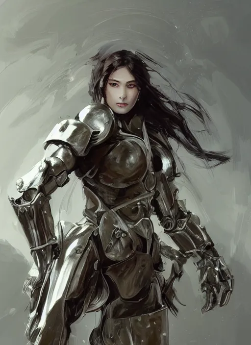 Image similar to a professional photographic portrait of a beautiful young female, clothed in battle armor, exposed waist, olive skin, long dark hair, beautiful bone structure, symmetrical facial features, intricate, elegant, digital painting, concept art, smooth, sharp focus, illustration, from Metal Gear, by Ruan Jia and Mandy Jurgens and Artgerm and William-Adolphe Bouguerea