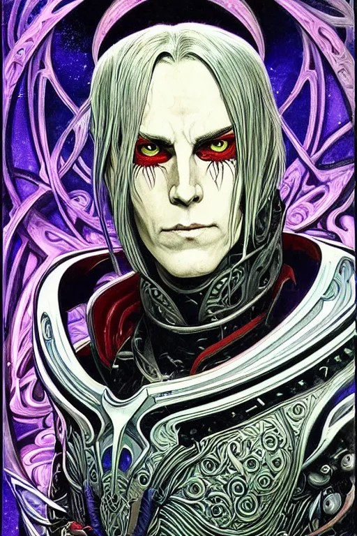 Image similar to a stunning and hypnotic full-color futuristic art nouveau styled action portrait of elric as a godlike and stoic chaos king, with weary and concerned red eyes, extremely detailed aquiline facial structure, art nouveau cybernetic armor and an intricately detailed magical rune-engraved hyperdetailed black sword that glows with ultraviolet eldritch power, perfectly symmetrical albino facial structure and linework, handsome alien facial characteristics, by travis charesyt, michael kaluta, michael whelan and bill sienkiewicz, dark sci-fantasy, deep complexity, male warrior king, sci-fi character concept, photorealism, spectacular framing, minimalist lighting, hyperrealism, 8k