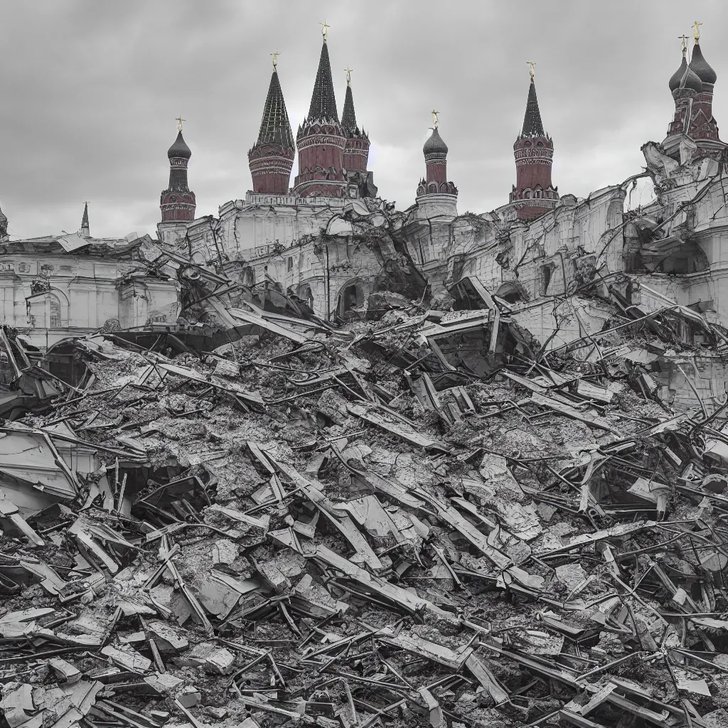 Prompt: collapse of kremlin moscow, destruction, chaos, 4 k, realistic, professional photography