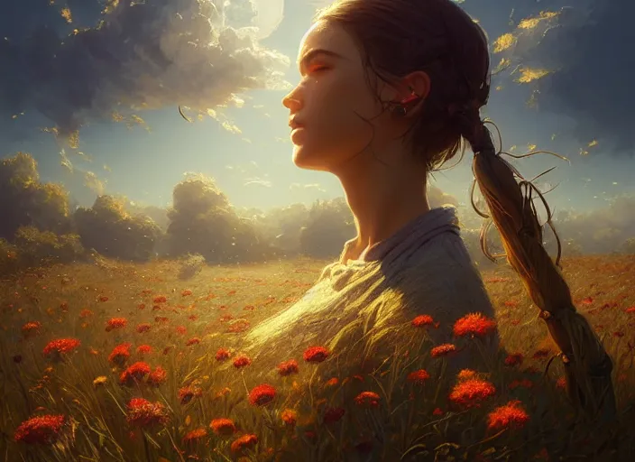 Image similar to detailed intricate digital illustration by greg rutkowski and artgerm and wlop and sanford robinson gifford ; beautiful meadow with colorful flowers and puffy clouds in background ; 1 3 mm film, arri alfa anamorphic lens ; sharp focus, golden hour lighting, trending on artstation 4 k ; close view