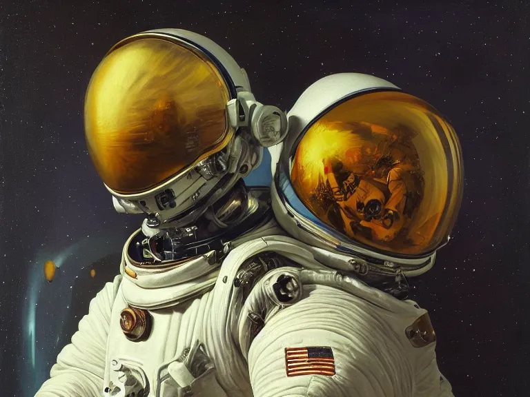 Image similar to a detailed profile oil painting of pilot in a spacesuit with reflective visor, flight suit, portrait symmetrical and science fiction theme with aurora lighting by beksinski carl spitzweg and tuomas korpi. baroque elements, full-length view. baroque element. intricate artwork by caravaggio. Trending on artstation. 8k