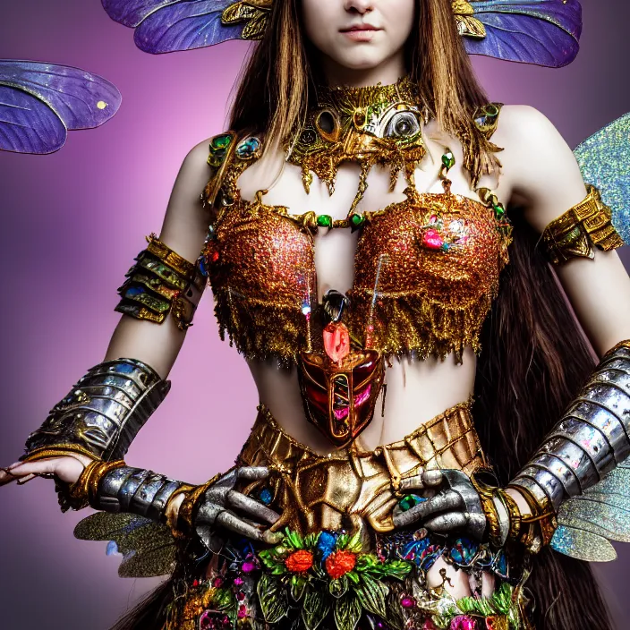 Image similar to full body photo of a very beautiful!! fairy queen with bejewelled armour, highly detailed, 4 k, hdr, smooth, sharp focus, high resolution, award - winning photo