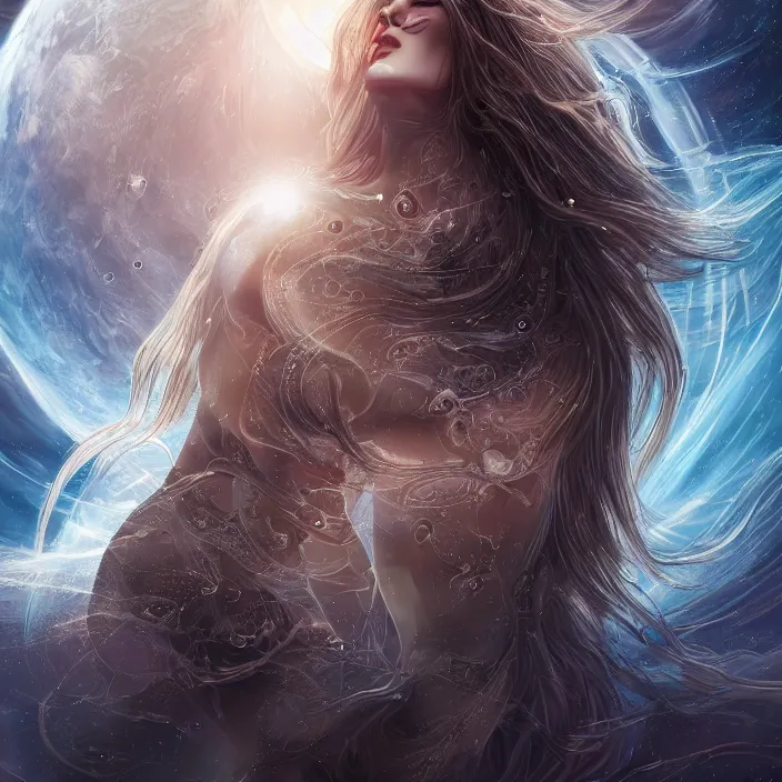 Image similar to gorgeous celestial woman with long hair wrapping downward around planet seen for space, hyper-detailed, smooth, sharp focus, depth map, digital painting, apocalyptic art, fantasy dark art, 4k ultra hd, cinematic