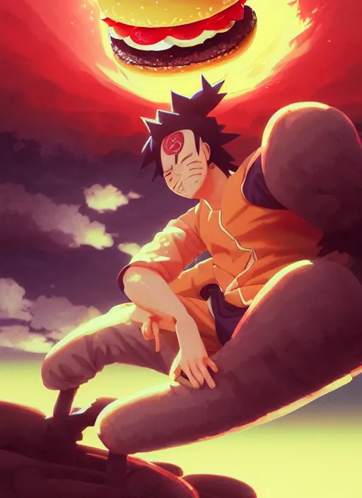 Image similar to highly detailed hamburger consuming naruto uzumaki with black hair, art by greg rutkowski, loish, rhads, ferdinand knab, makoto shinkai and lois van baarle, ilya kuvshinov, rossdraws, tom bagshaw, global illumination, radiant light, detailed and intricate environment