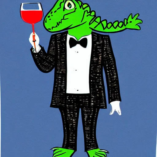 Image similar to alligator in a suit drinking a fancy wine