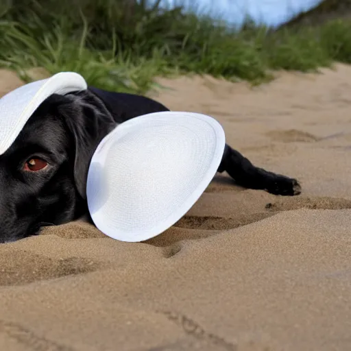 Image similar to Dog with white hat on the beach having a picknick