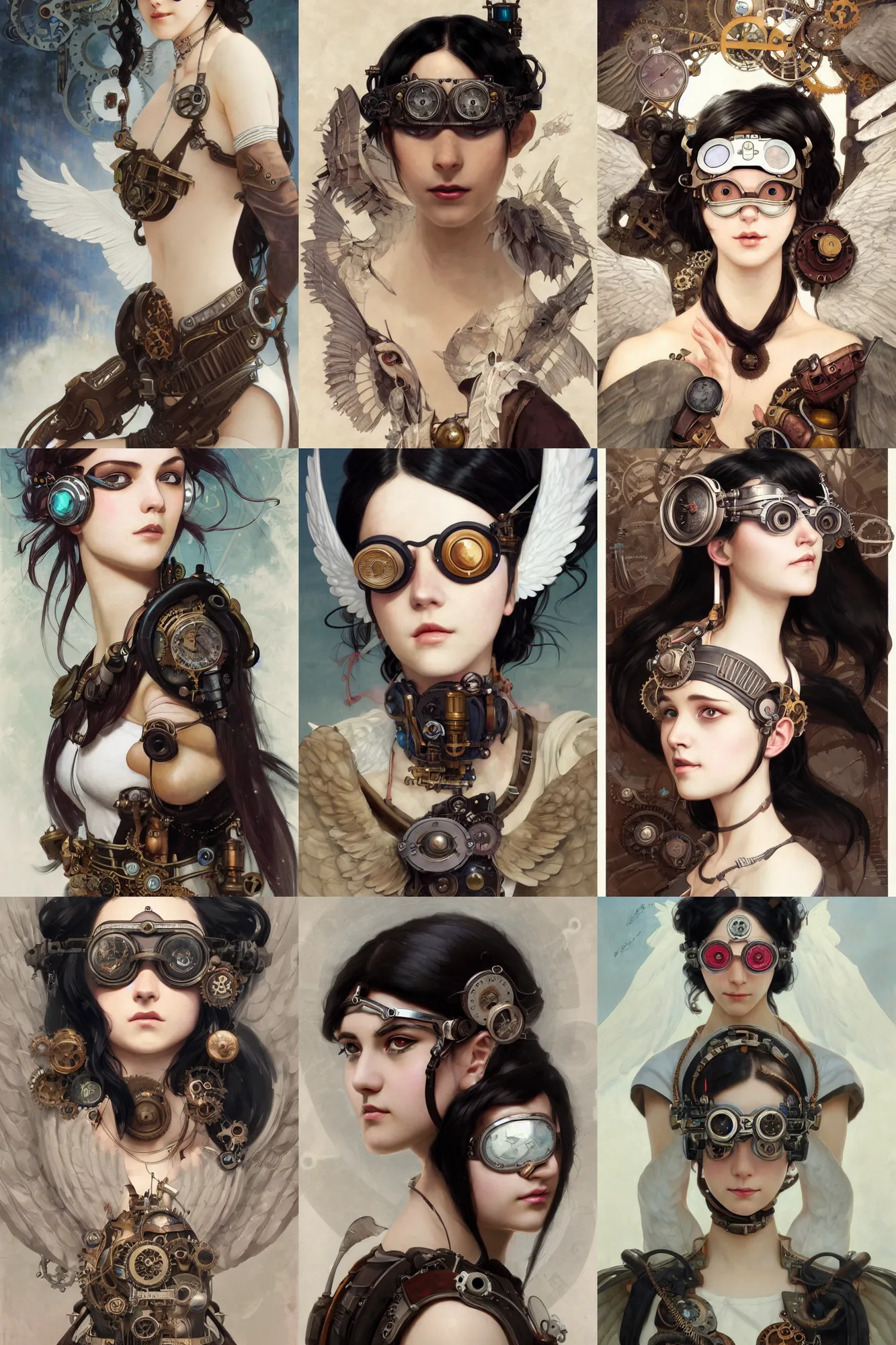 Prompt: steampunk girl, black hair, white skin, goggles on her eyes, white wings behind her head, portrait, detailed illustration, hd, 4k, digital art, overdetailed art, Ghibli, by greg rutkowski, by Alfons Mucha, complementing colors, Trending on artstation, deviantart