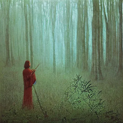 Prompt: young druid picking herbs in a vast forest by HR Giger Zdzislaw Beksinski