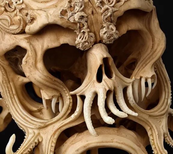 Image similar to an intricately detailed carving in an human - octopus skull, rococo ornate bone and ivory sculpted skull with teeth and tentacles, horror, artifact, micro detailed, inscribed with occult symbols, otherworldly