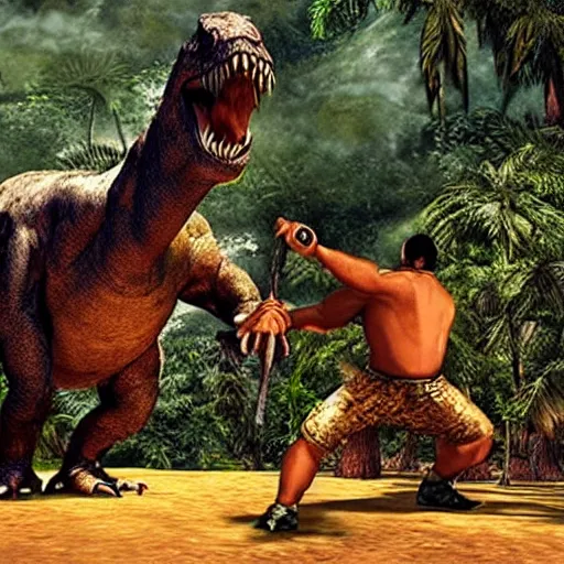 Prompt: “ dwayne johnson fighting dinosaurs in the jungle, playstation 2 graphics ”