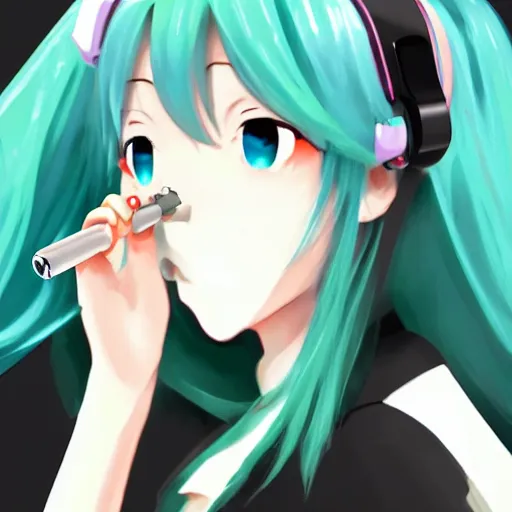 Image similar to hatsune miku smoking a vape pen in her right hand | smoke coming out of her mouth, artstation, 4 k