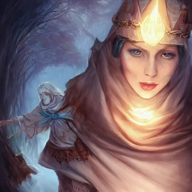 Image similar to Female Cleric with kerchief covering her ears, casting a glowing spell. Blue eyes, black hair, porcelain skin, full lips, high slanted cheekbones. Fantasy art, detailed, dramatic lighting, illustration, award winning on Artstation, D&D, Dungeons and Dragons, roleplaying, magic, magick, spells, mystical.