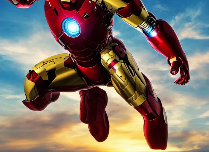 Image similar to Iron man in a dynamic pose flying through the air, high detail, complex