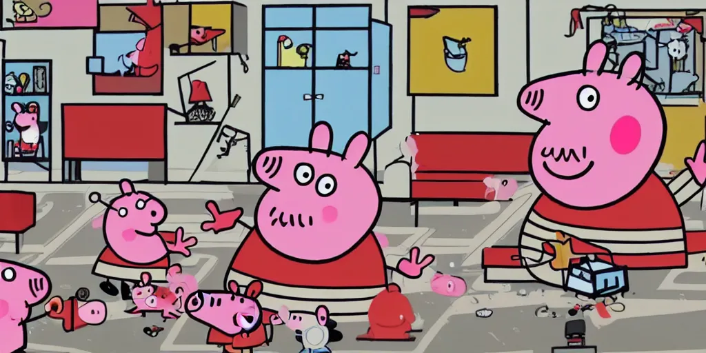 Prompt: peppa pig and Mario in twin peaks. black and white zig zag floor, david lynch, red room, agent cooper