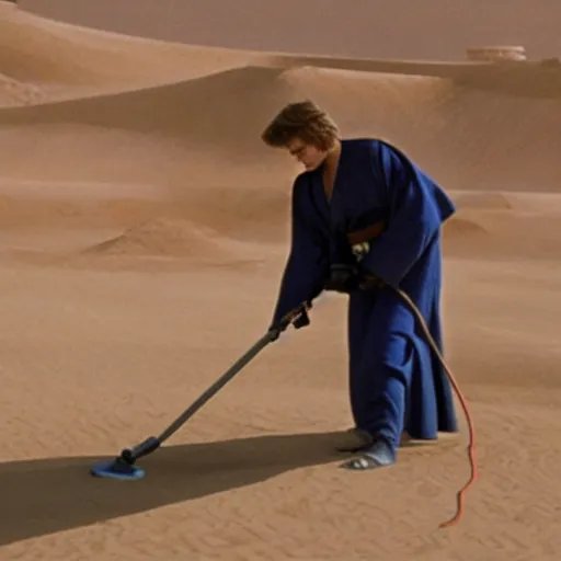 Image similar to anakin skywalker vacuuming the sand in tatooine