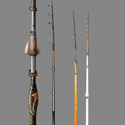 Image similar to fishing rod from a fantasy video game, white background, museum presentation