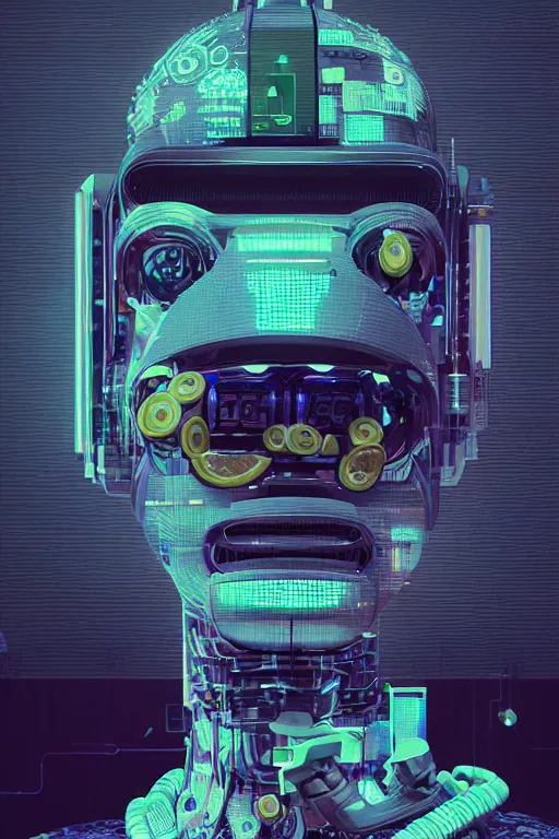 Image similar to a robot with lemons on his head, cyberpunk art by Mike Winkelmann, by Filip Honda, trending on cgsociety, panfuturism, made of lemons and limes, glitch art, rendered in cinema4d, blender, hyper realism