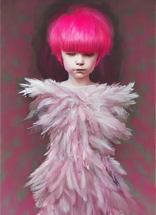 Image similar to beautiful little girl with an pink eccentric haircut wearing an dress made of feathers dancing on stage, artwork made by ilya kuvshinov, inspired in donato giancola, hd, ultra realistic, reflection, flowers, light, realistic face