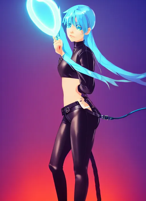 Image similar to hyper realistic photograph portrait of pretty girl with blue hair, wearing a full leather outfit, holding a whip, dramatic lighting by makoto shinkai, ilya kuvshinov, lois van baarle, rossdraws, basquiat