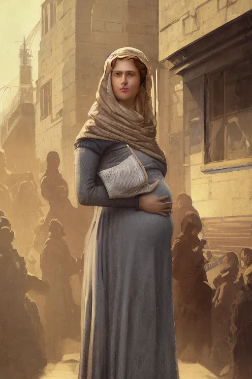 Prompt: Full-length portrait of a pregnant woman in besieged Leningrad, illustration, dramatic lighting, soft details, painting oil on canvas, art deco, octane render, HDR, 4k, 8k, HD, by Edmund Blair Leighton, Brom, Charlie Bowater, trending on artstation, faces by Tom Bagshaw, Sargent