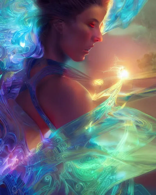 Image similar to a powerful beautiful energy woman, by alexander fedosav, hyper detailed digital matte painting, concept art, hyperrealism, 1 6 k resolution, cinema 4 d, 8 k resolution, trending on artstation, behance hd, a masterpiece, by stephan martiniere, particles, cel - shaded, power bright neon energy, by david a. hardy,