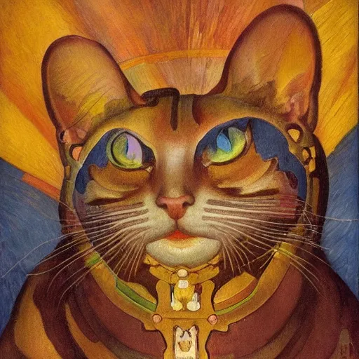 Image similar to masterpiece painting of a mechanical cloisonne cat head sculpture, by annie swynnerton and and diego rivera and nicholas roerich and jean delville, spacecat, symbolist, dramatic lighting, god rays, art brut, rich colors, smooth, sharp focus, extremely detailed, adolf wolfli and ( donato giancola and bilibin )