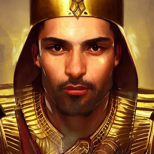 Image similar to egyptian nobleman, portrait, headshot, D&D, fantasy, highly detailed, digital painting, artstation, concept art, sharp focus, illustration, art by artgerm and greg rutkowski and alphonse mucha